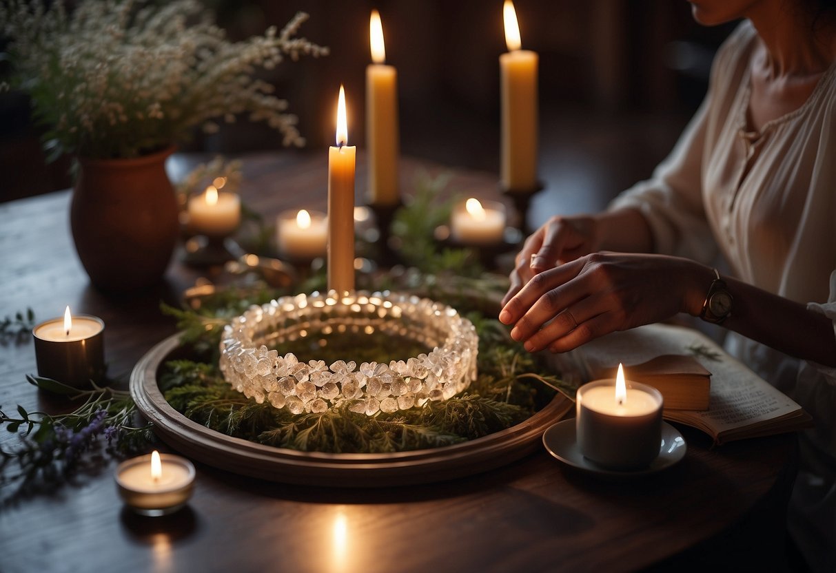 A circle of crystals, herbs, and candles arranged on a table. A journal with intentions written inside. A woman lighting incense