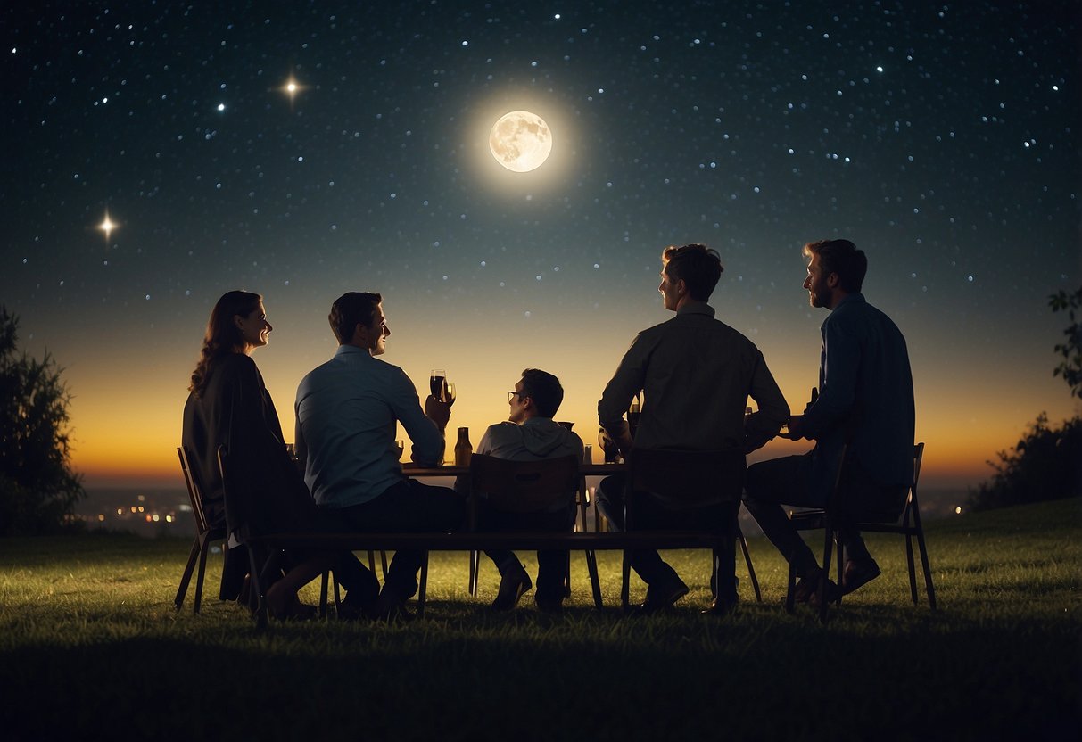 A group of people engage in lively conversation under a clear night sky, as the new moon in Gemini influences their emotional and social interactions