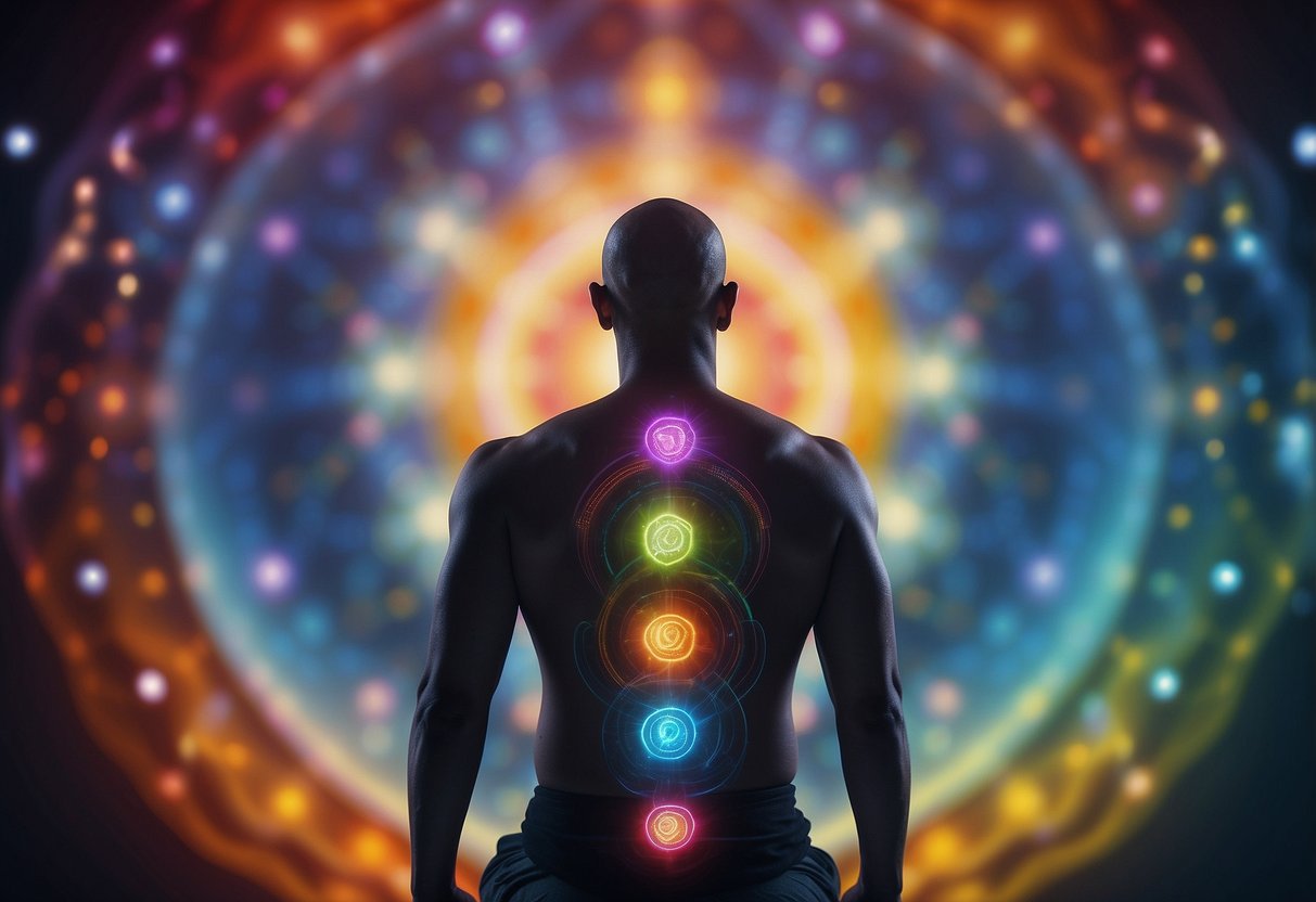 A meditative figure surrounded by vibrant, swirling colors representing the chakras, with each color corresponding to a specific energy center in the body