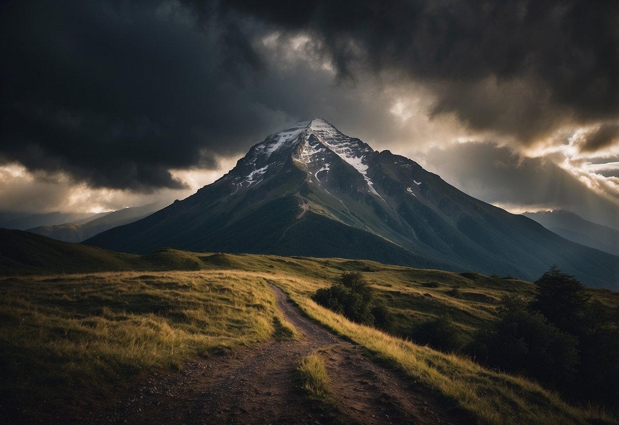 A mountain peak surrounded by dark storm clouds, with a single ray of sunlight breaking through, illuminating the path to the top