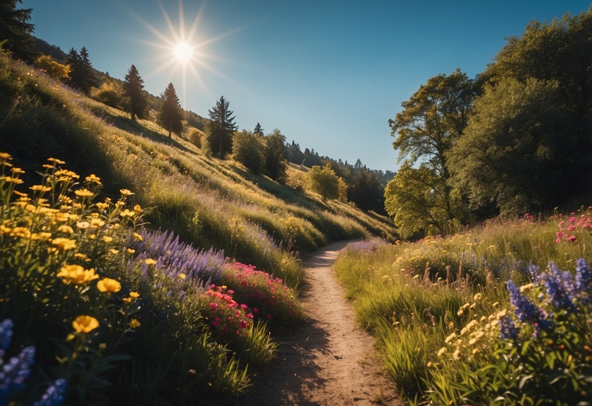 A winding path leads through a lush, vibrant landscape, with colorful flowers and trees. The sky is a deep, rich blue, and the sun is shining brightly, casting warm, golden light across the scene