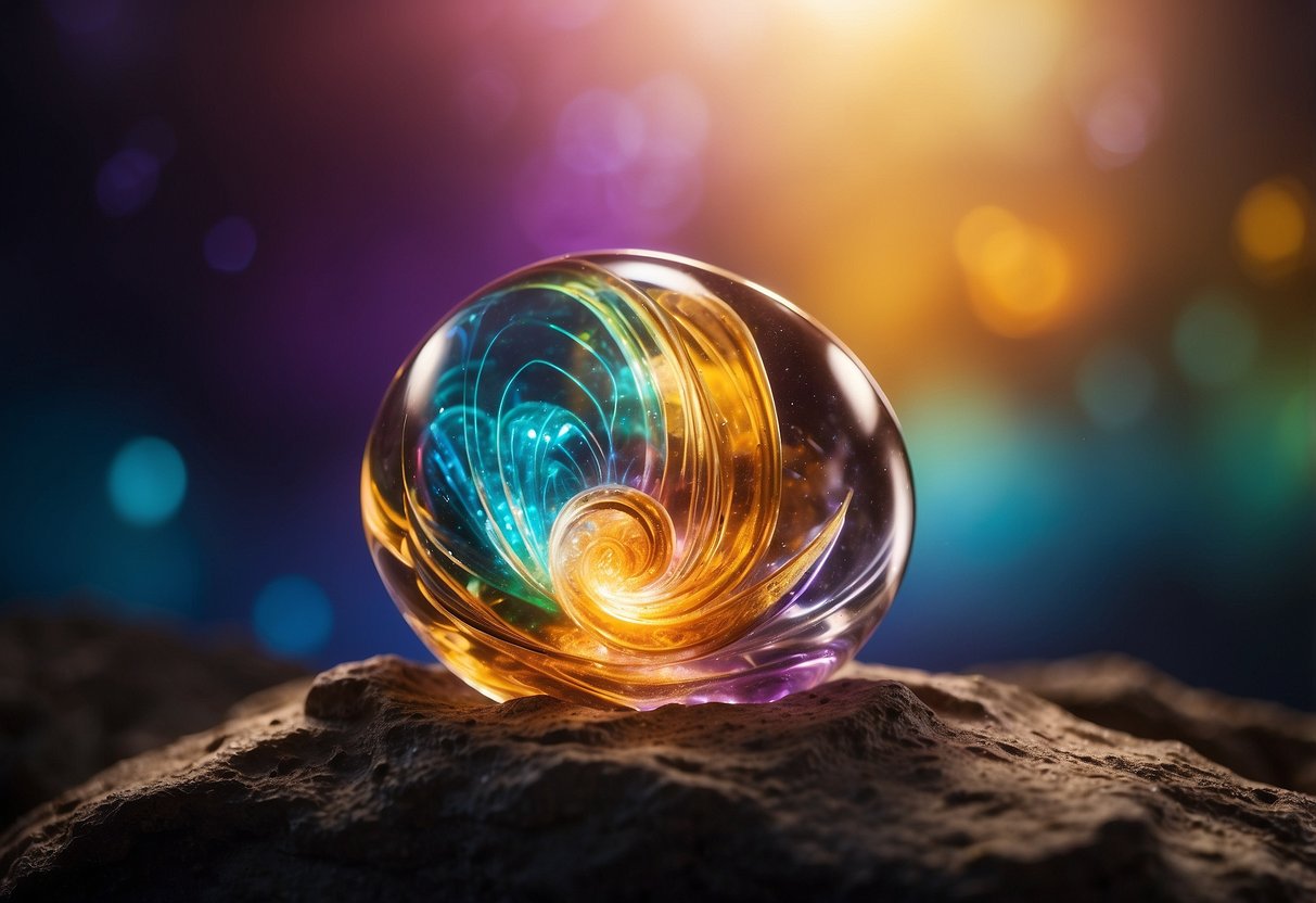 Vibrant colors swirling around a glowing crystal, emanating energy and purpose. A spectrum of hues representing abundance, love, and success, radiating positivity and intention