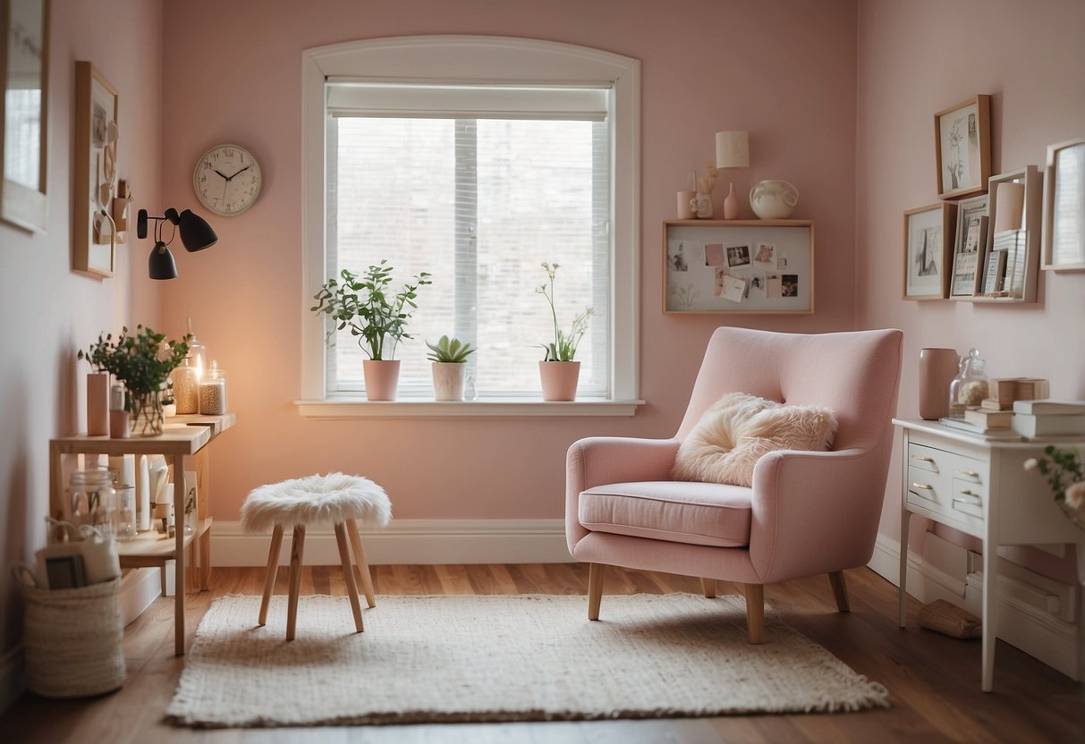 A serene room with soft, pastel colors. A cozy corner with a comfortable chair and a small table for journaling. A vision board on the wall filled with inspiring images and affirmations