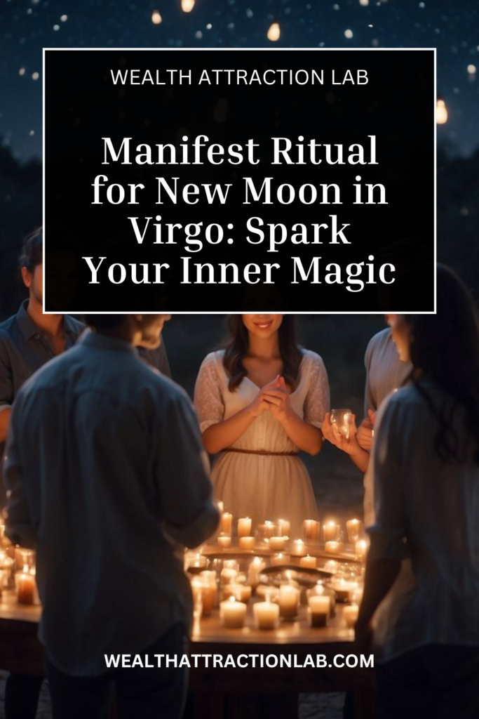 People gather in a circle under the night sky, surrounded by candles and crystals. They hold hands and chant as they set intentions for the new moon in Virgo