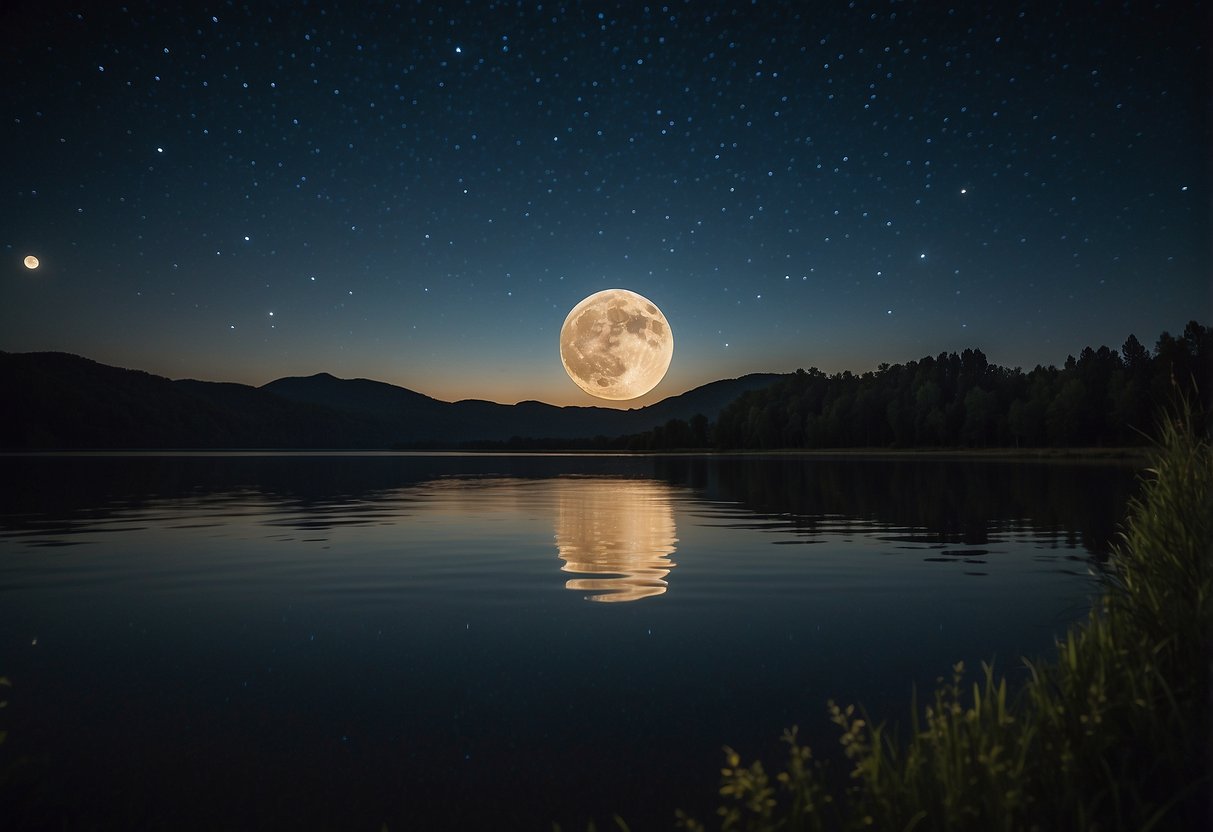 The moon shines brightly in the night sky, casting its ethereal glow over a tranquil body of water. Its phases are reflected in the shimmering surface, exuding a sense of mystical energy