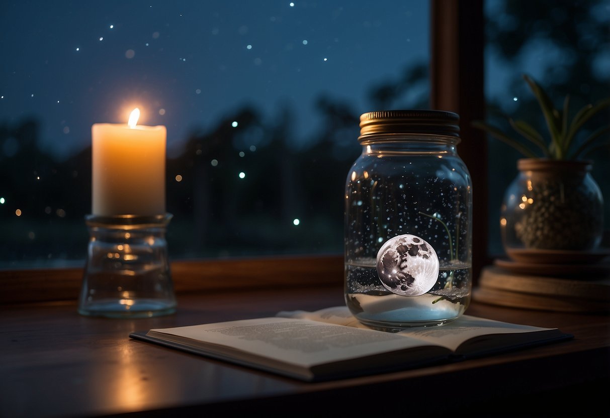 Moon water sits in a glass jar under the full moon. A crystal rests beside it, emitting a soft glow. A journal and pen lay nearby, ready for intention-setting