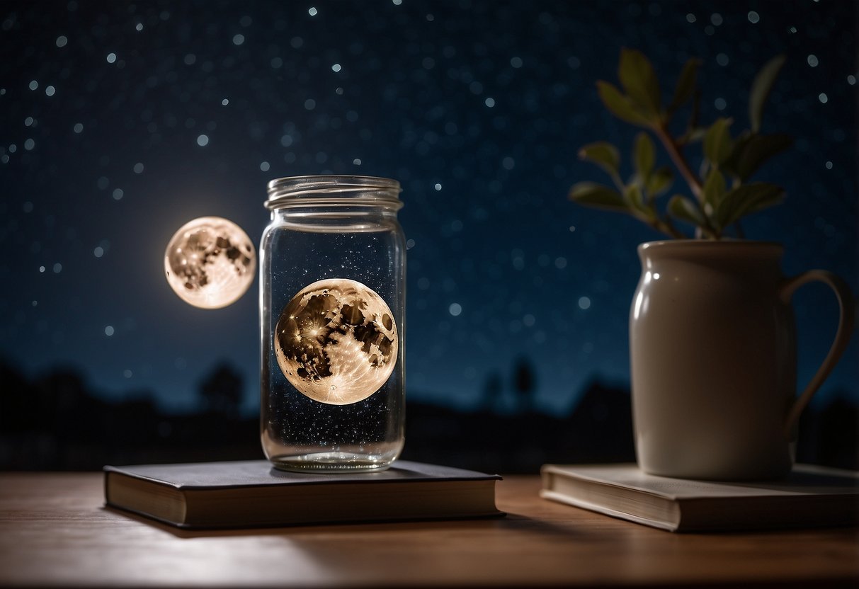 Moon water sits in a glass jar under the night sky, absorbing the lunar energy. A book on manifestation lies open nearby