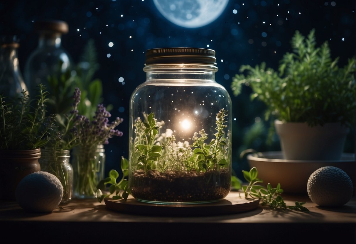 A clear glass jar filled with water sits under a full moon, surrounded by crystals and herbs. The moon's glow illuminates the scene, creating a serene and mystical atmosphere