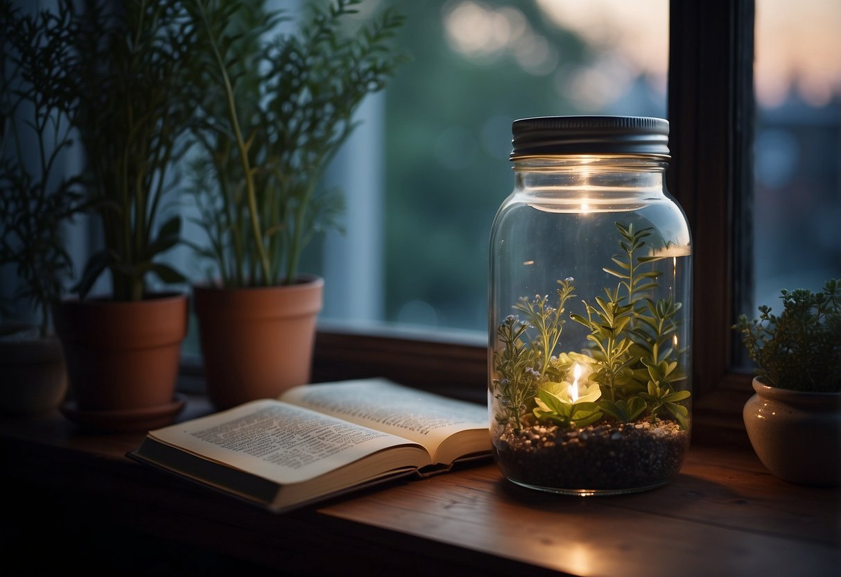 A glass jar filled with moonlit water sits on a windowsill, surrounded by crystals and herbs. A book on manifestation lies open nearby