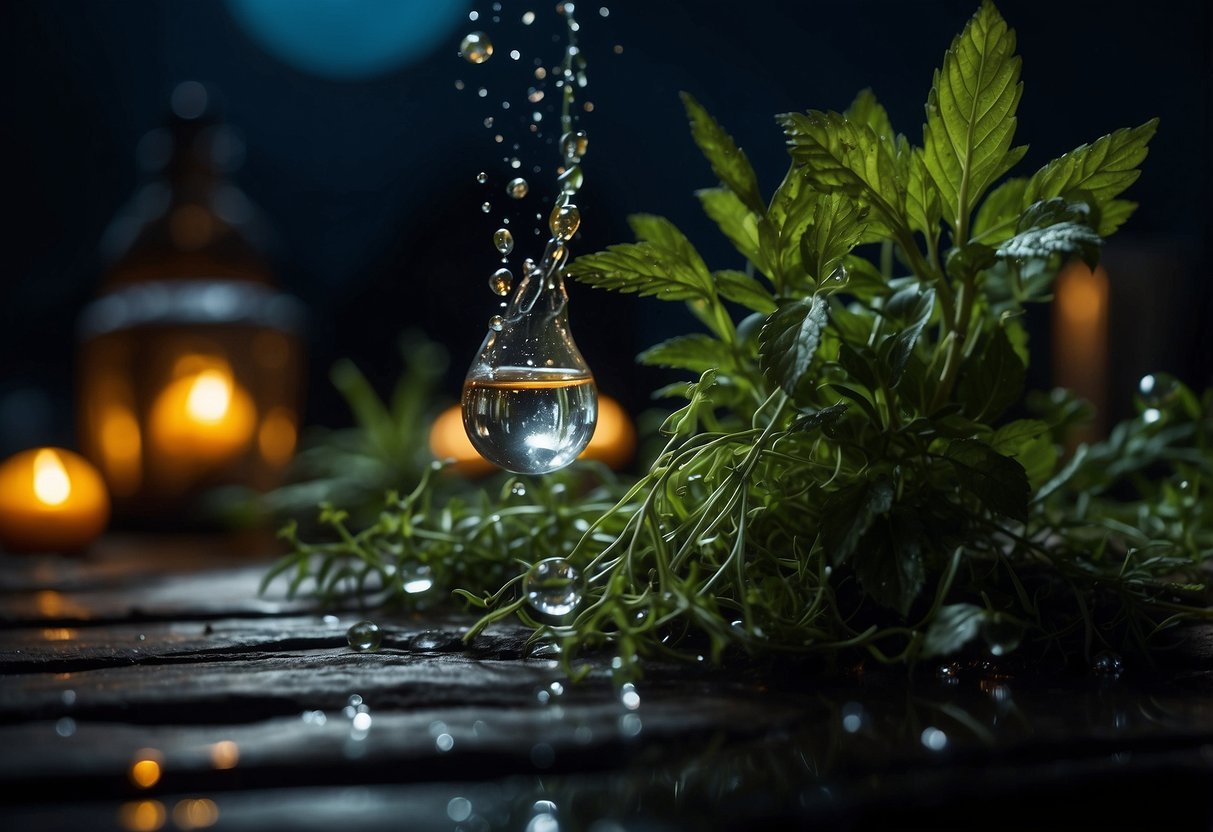 Moon water drips onto a collection of herbs, infusing them with amplified potency. The shimmering liquid glows under the moonlight, creating a mystical and enchanting scene