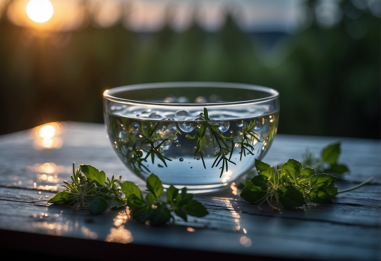 A clear glass bowl filled with water sits under the glow of the full moon, surrounded by crystals and herbs. The moon's reflection dances on the water's surface, infusing it with powerful energy