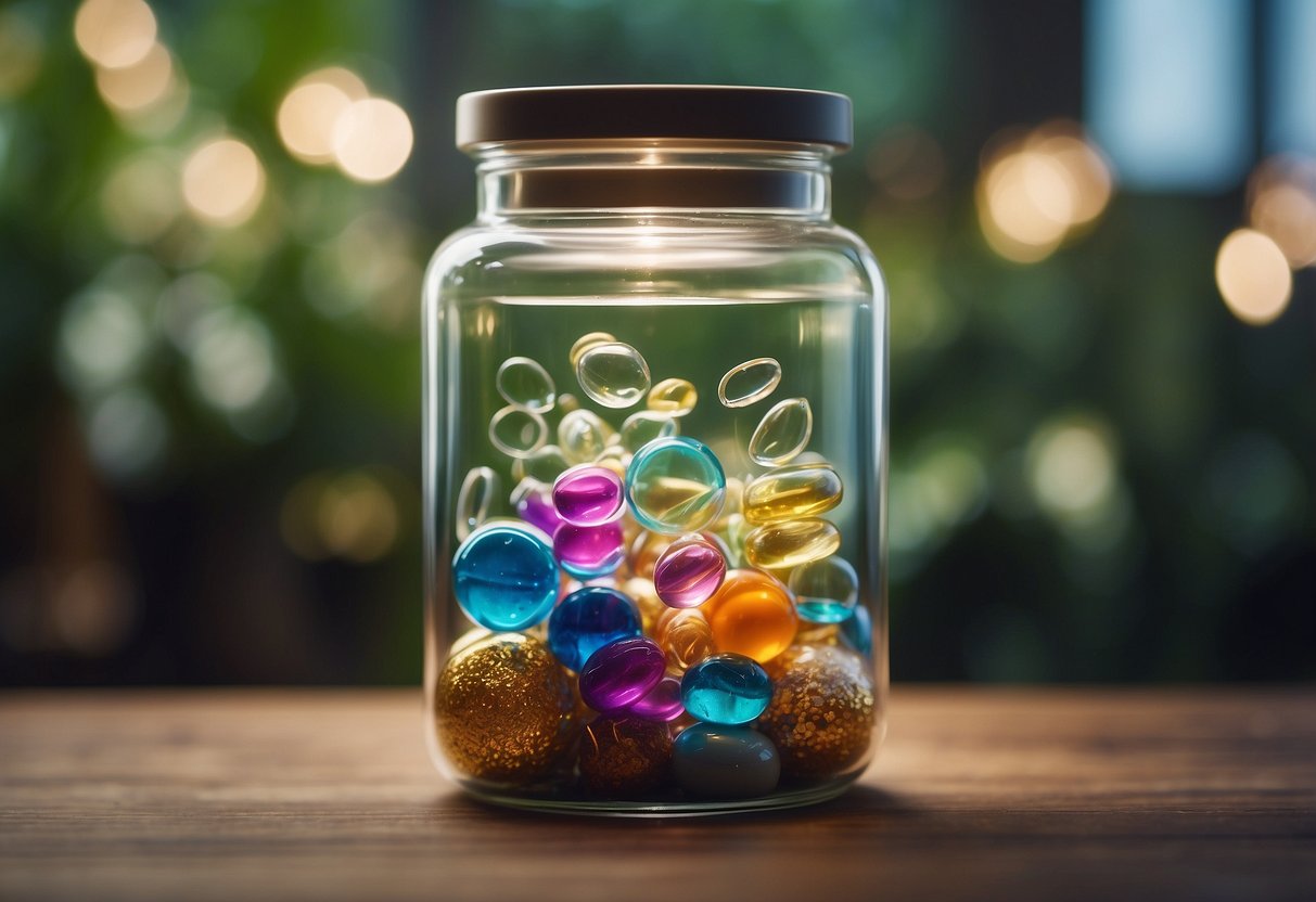 A clear glass jar filled with colorful objects, surrounded by symbols of peace and tranquility