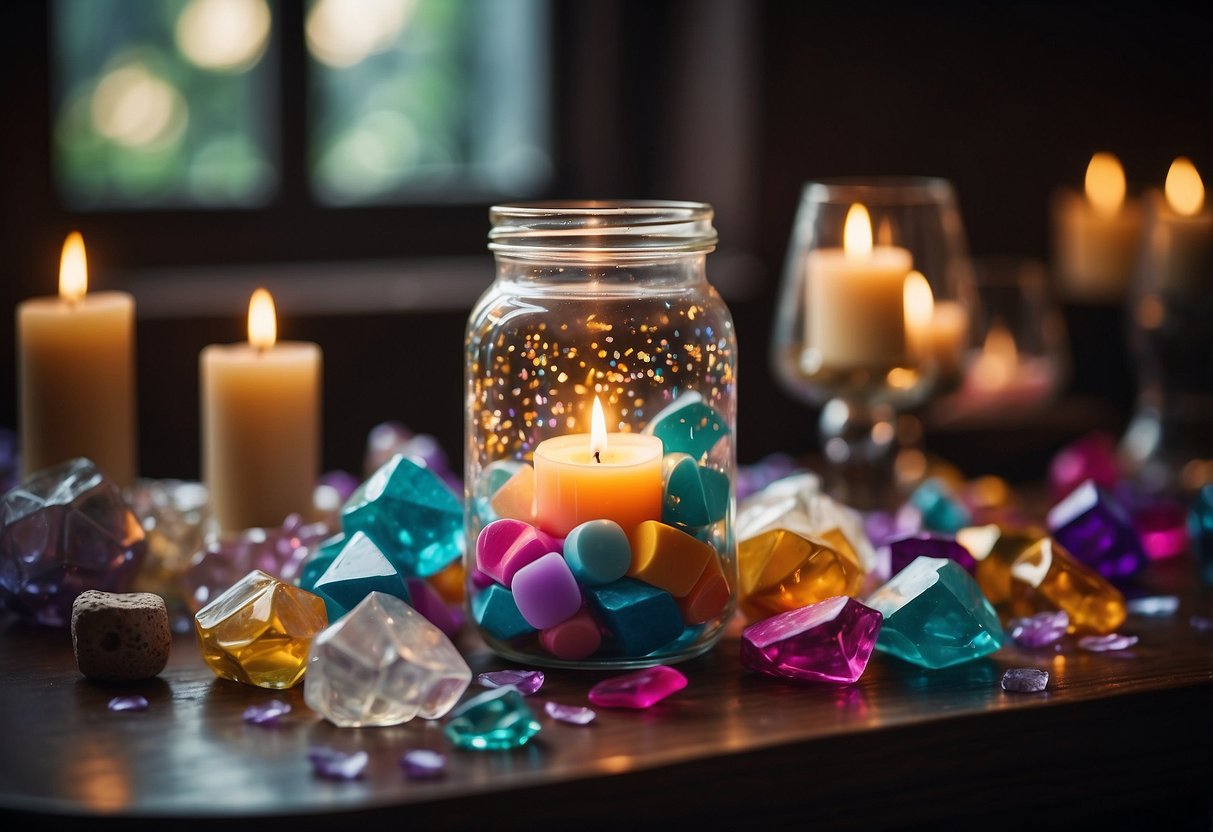 A glass jar sits on a table, filled with colorful paper slips inscribed with desires and dreams. The jar is surrounded by candles and crystals, creating a peaceful and mystical atmosphere