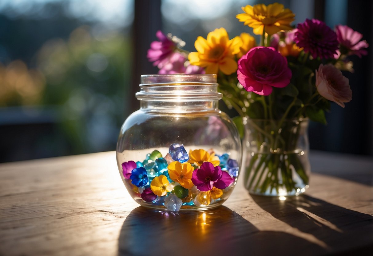 A glass jar sits on a table, filled with colorful flowers, crystals, and handwritten intentions. A beam of light shines down, illuminating the jar