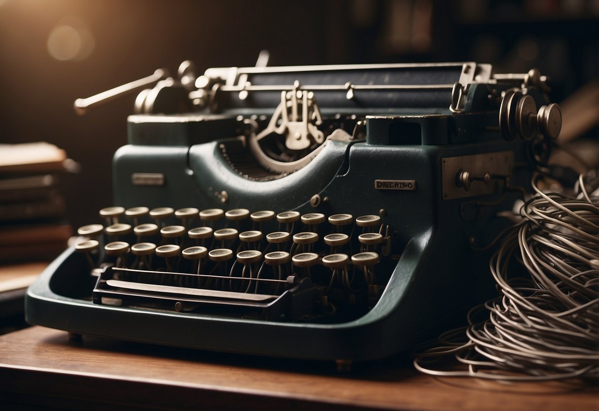 A vintage typewriter surrounded by tangled wires and malfunctioning electronics, with a confused expression on a clock face