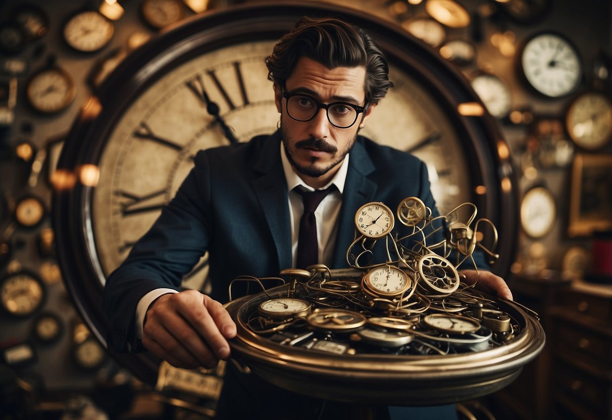 A vintage clock spinning backwards, a tangled mess of communication devices, and a confused traveler holding a map upside down