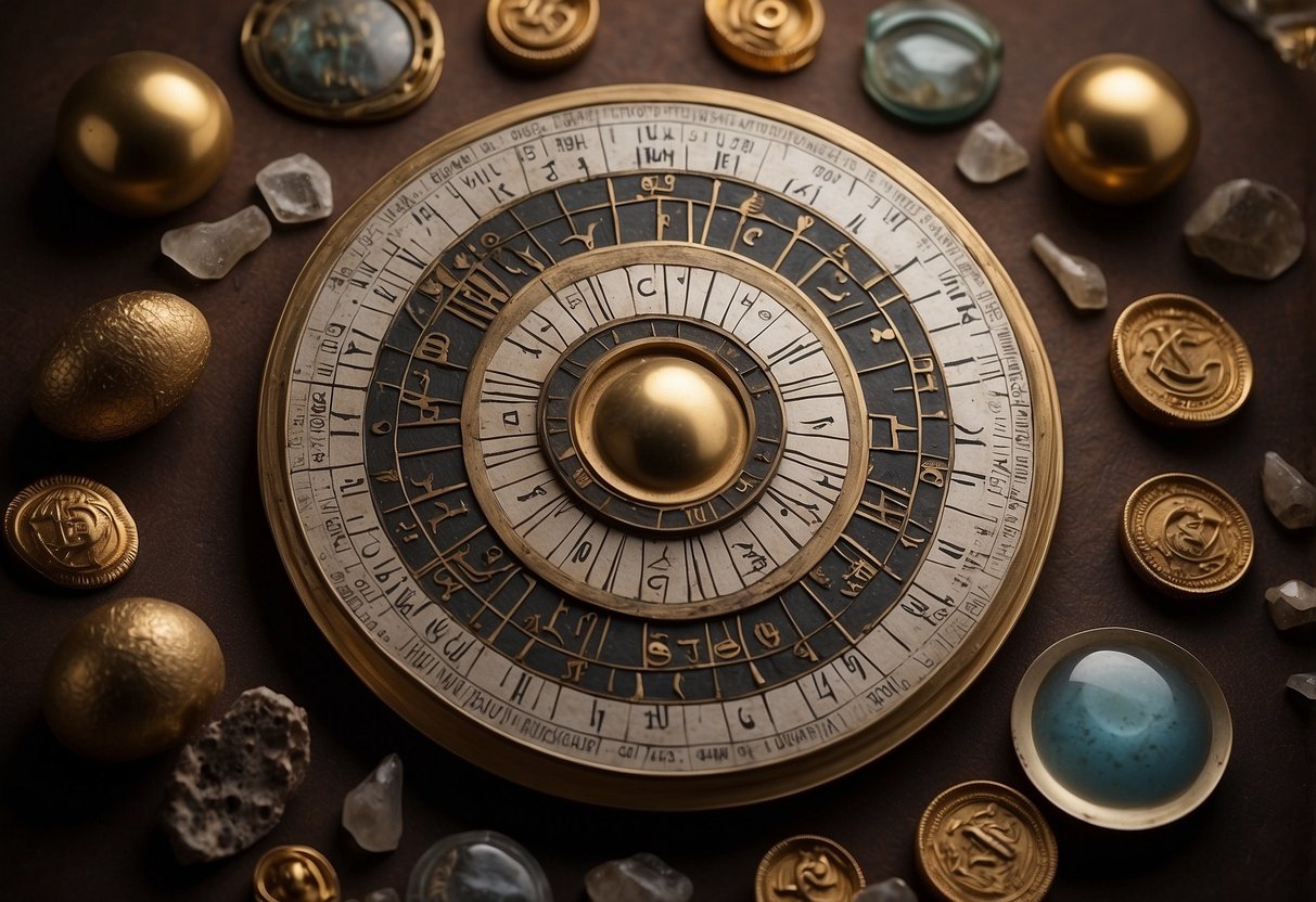 A calendar showing Mercury in retrograde, surrounded by ancient symbols and cultural artifacts