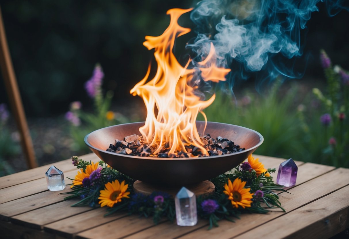 A fire bowl sits atop a wooden platform, surrounded by crystals and flowers. Smoke rises as the flames flicker, creating a serene and mystical atmosphere