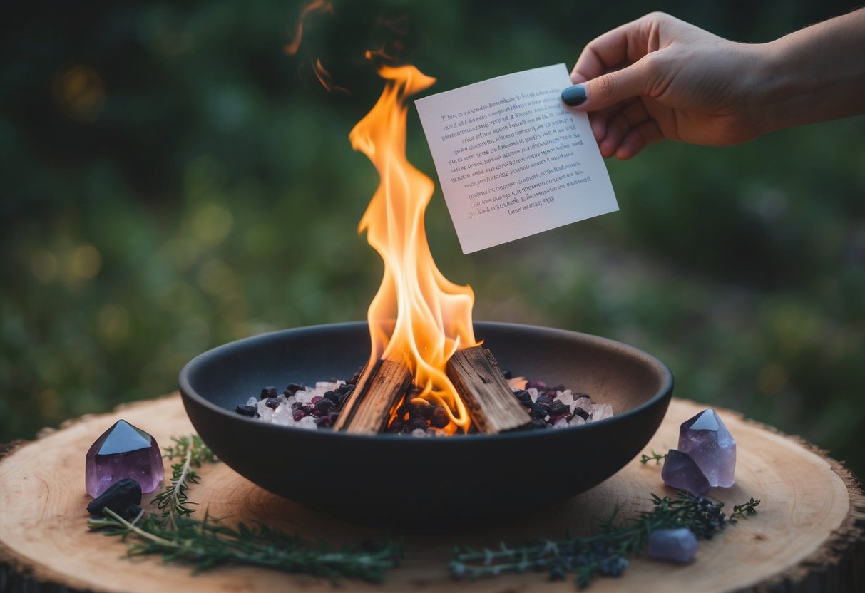 A fire bowl sits on a wooden surface, surrounded by crystals and herbs. A piece of paper with a written intention is held over the flame