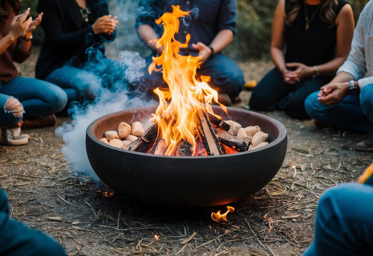 A fire bowl sits amid swirling smoke, surrounded by a circle of people. The flames dance and flicker as questions materialize in the air