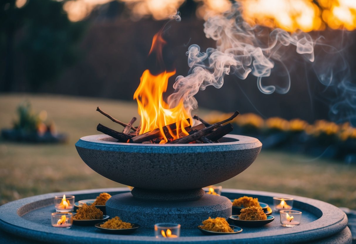 A fire bowl sits on a stone pedestal, surrounded by offerings and lit by flickering flames. Smoke rises into the air, carrying intentions for continued success