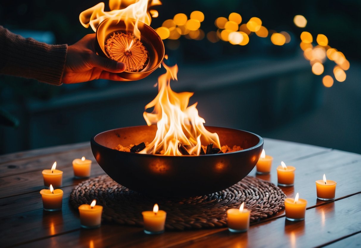 A fire bowl sits atop a wooden table, surrounded by candles. The Manifestation manifest is held above the flames, as if being sealed