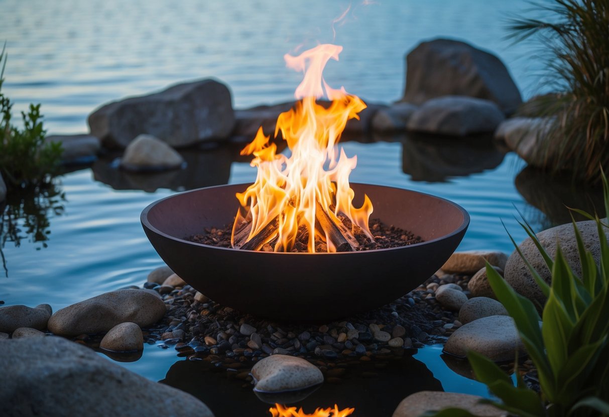 A fire bowl sits in a tranquil outdoor setting, surrounded by natural elements such as rocks, plants, and water. The flames dance and flicker, casting a warm glow on the surroundings