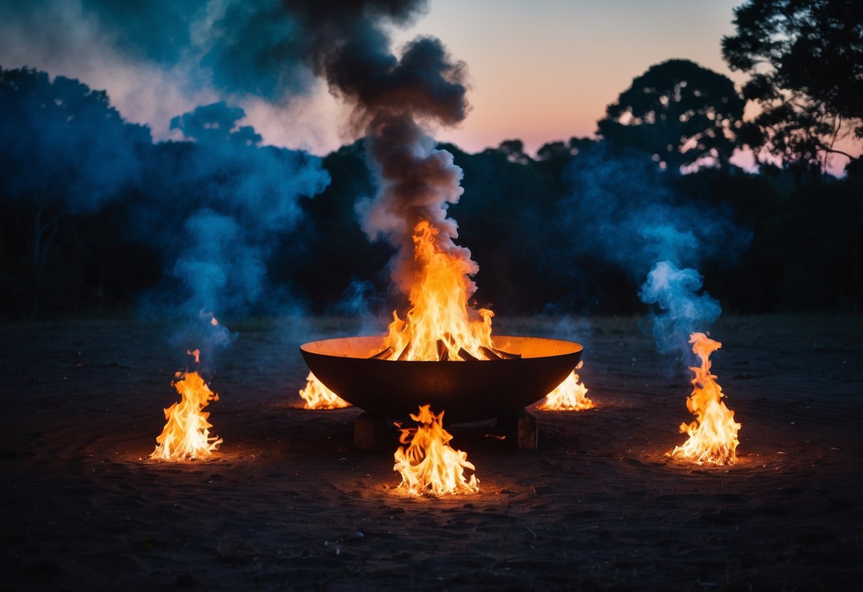 A large fire bowl sits in the center of a dark, mystical clearing, surrounded by flickering flames and billowing smoke