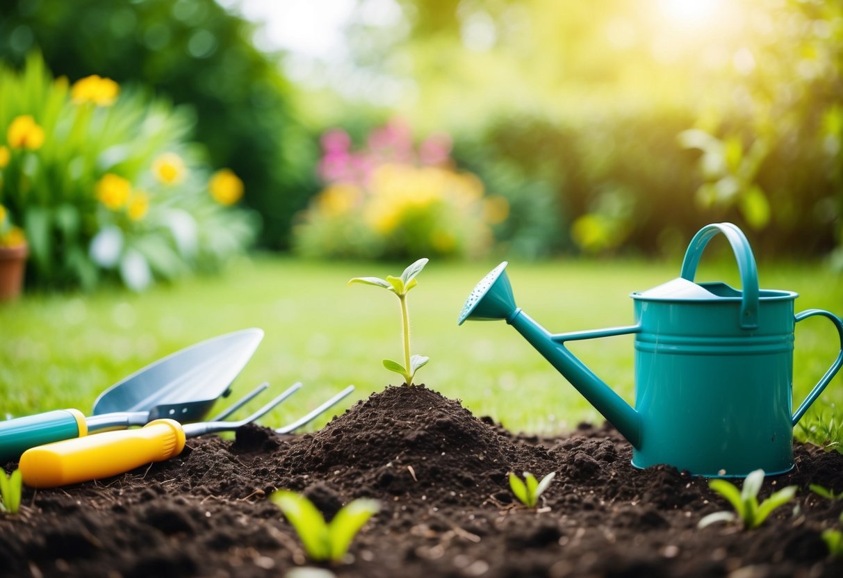 A serene garden with a small plant sprouting from the rich soil, surrounded by gardening tools and a watering can