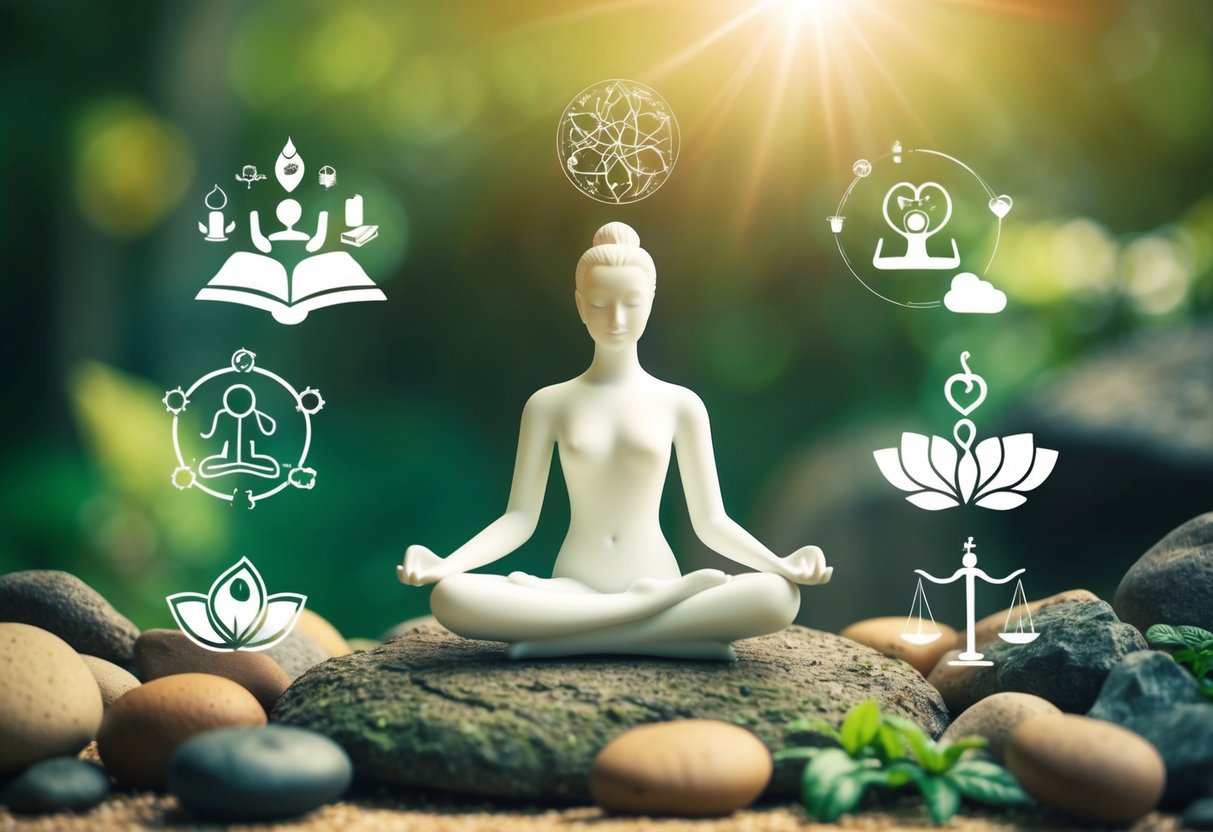 A figure meditates in a serene natural setting, surrounded by symbols of spirituality and manifestation. The scene is filled with elements representing good habits and positive energy