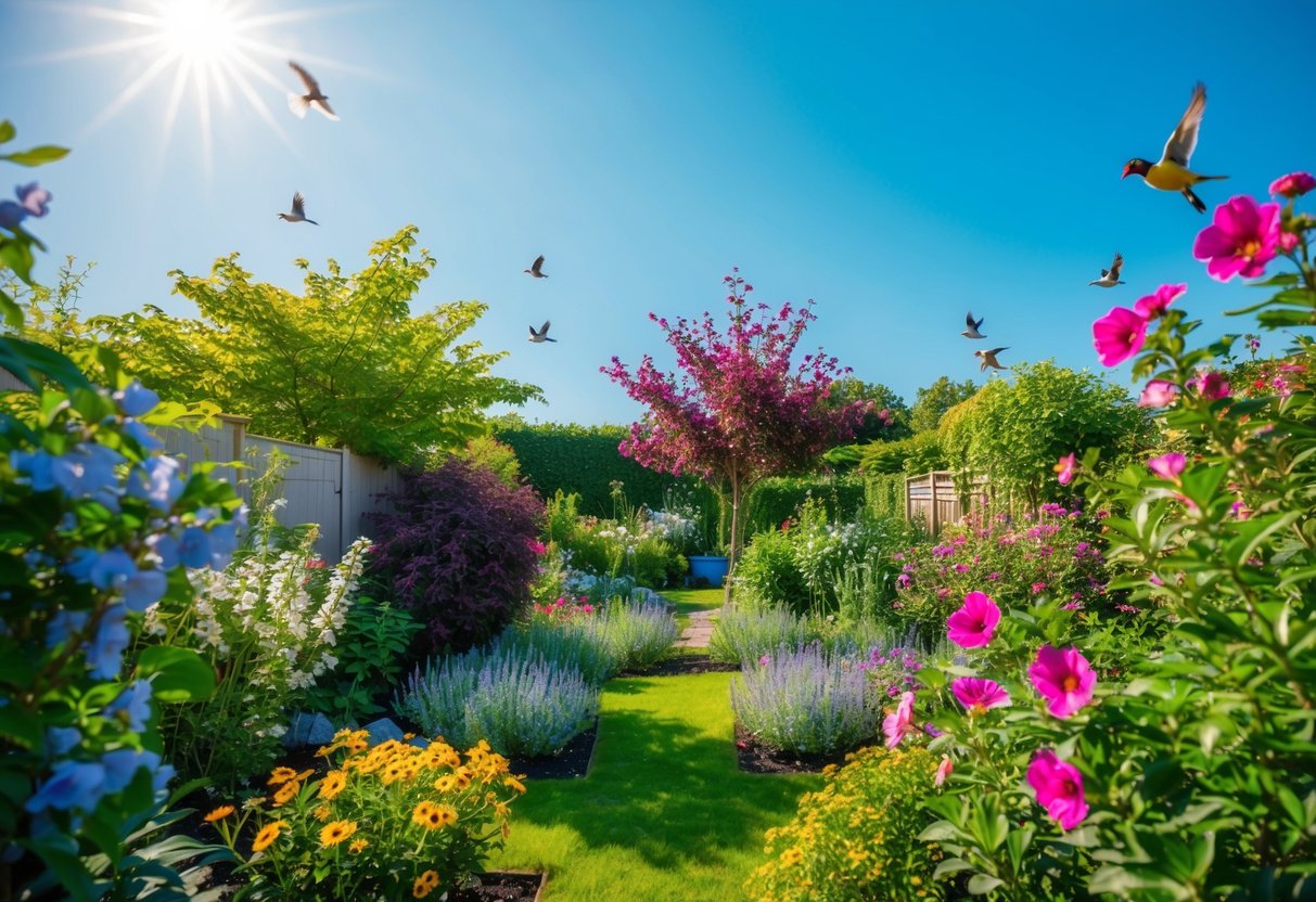 A vibrant garden with blooming flowers, lush greenery, and a clear blue sky. The sun is shining, and birds are chirping, creating a sense of peace and joy