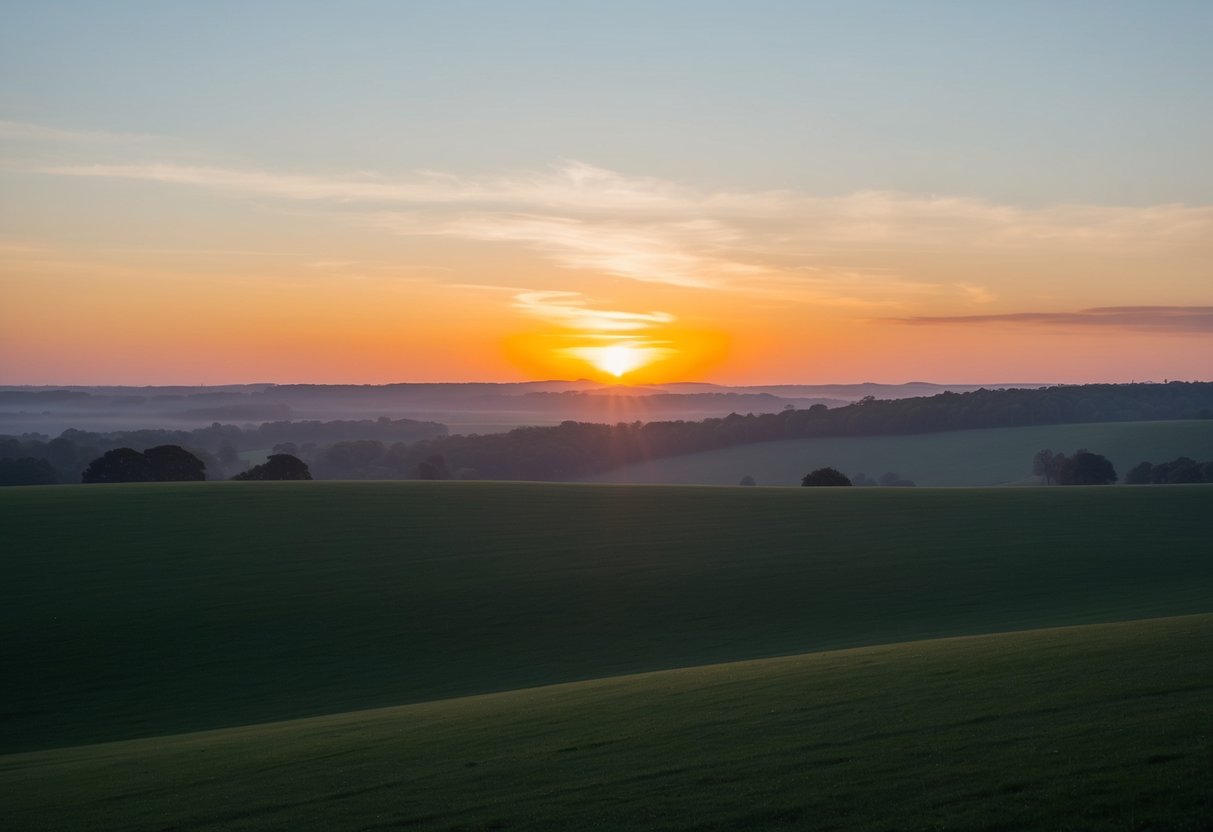 A serene landscape with a sunrise or sunset, showing a transition or change in the environment