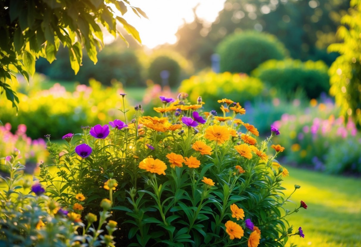 A serene garden with colorful flowers and vibrant greenery, bathed in warm sunlight, with a gentle breeze creating a peaceful and uplifting atmosphere