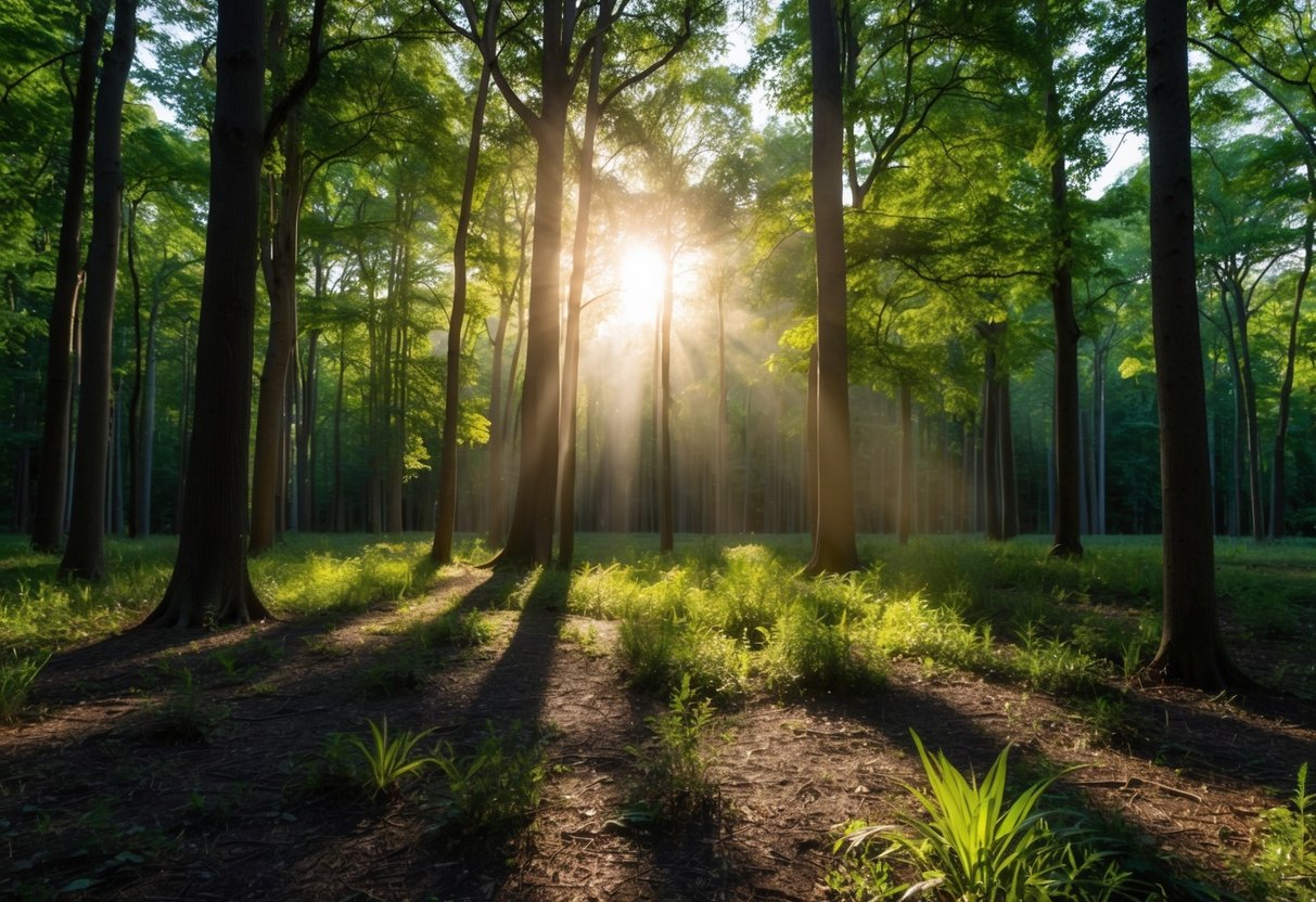 A serene forest clearing with sunlight filtering through the trees, casting dappled shadows on the ground. A sense of peace and transformation permeates the air