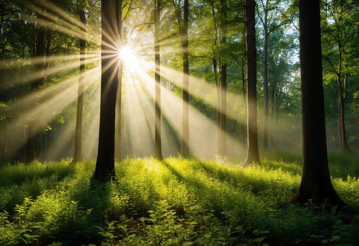 A serene forest clearing with sunlight streaming through the trees, casting dappled shadows on the ground. A sense of peace and transformation permeates the air