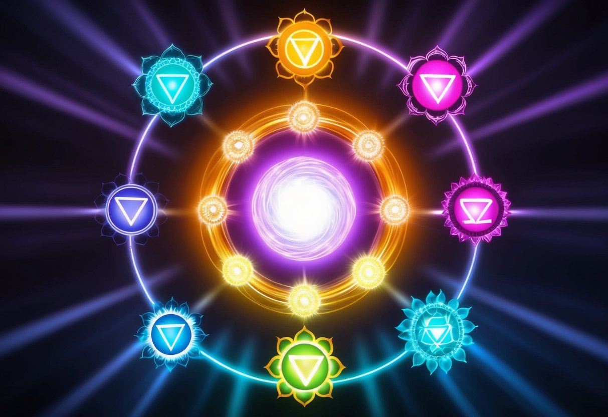 A glowing, swirling vortex of energy emanates from the seven chakras, each one pulsating with vibrant color and intensity, drawing in and aligning with the universal forces of attraction