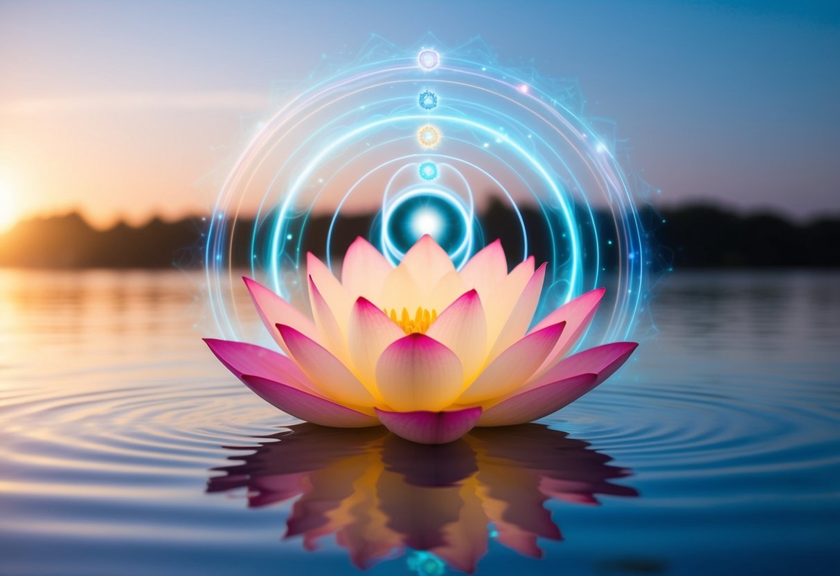 A serene, glowing lotus flower floating on calm water, surrounded by vibrant, swirling energy representing the interconnected chakras and the Law of Attraction