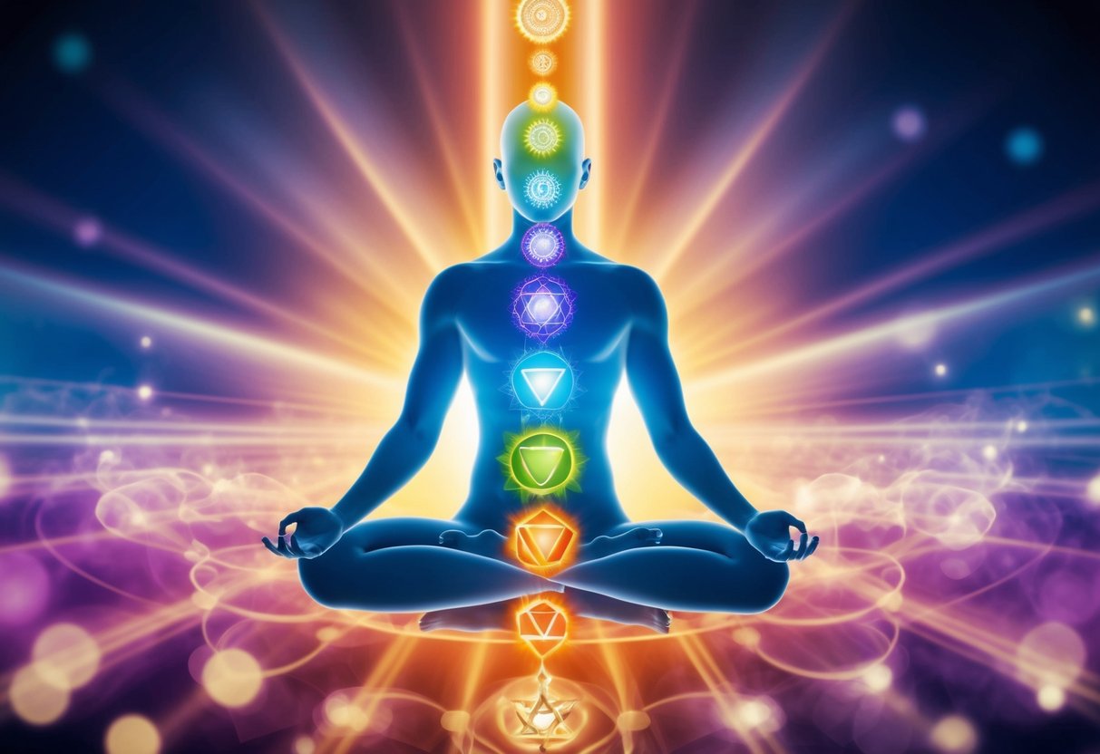 A radiant beam of energy flows from the chakras, attracting and manifesting desires into reality. The interconnectedness of the chakras and the Law of Attraction is depicted in a vibrant and harmonious composition