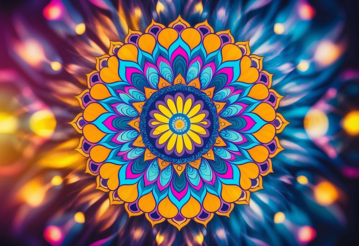 A vibrant mandala radiates energy, surrounded by swirling patterns representing the interconnectedness of the Law of Attraction and the Chakras