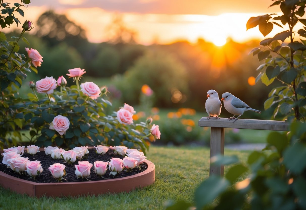 A serene garden at sunset, with a heart-shaped flower bed and blooming roses. A couple of lovebirds perch on a nearby branch, surrounded by a soft, warm glow