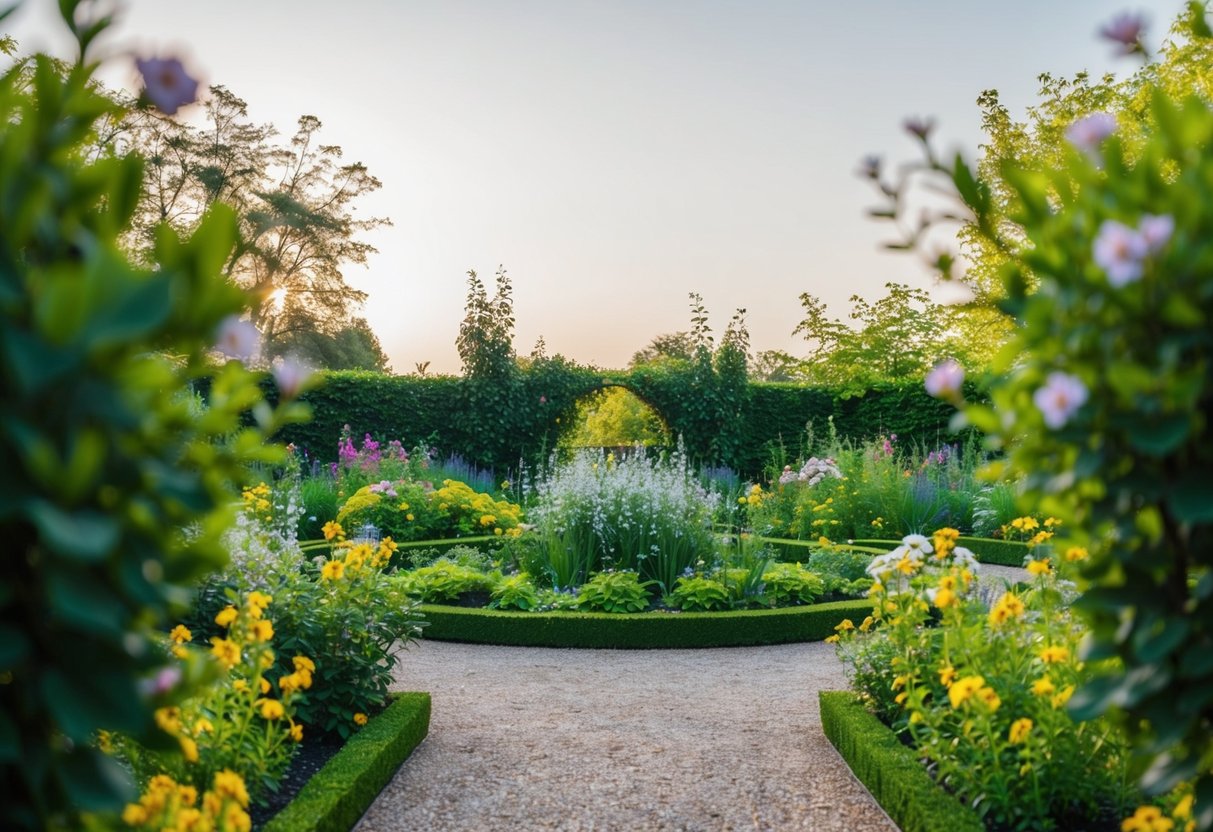 A serene garden with blooming flowers and vibrant greenery, surrounded by a calm, clear sky and gentle sunlight