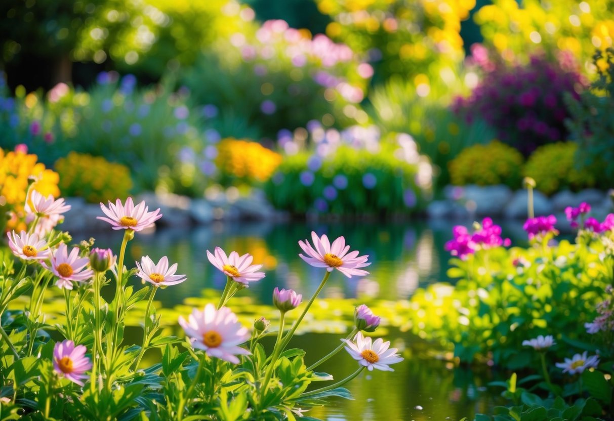 A serene, sunlit garden with blooming flowers and a peaceful pond, surrounded by lush greenery and vibrant colors