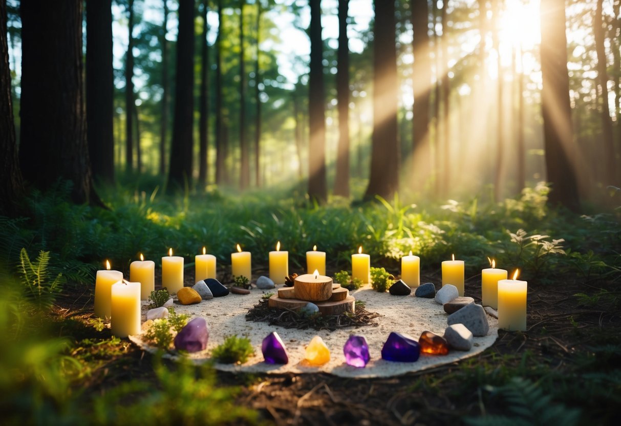 A serene forest clearing with sunlight streaming through the canopy, casting a warm glow on a collection of crystals, herbs, and candles arranged in a circle on the ground