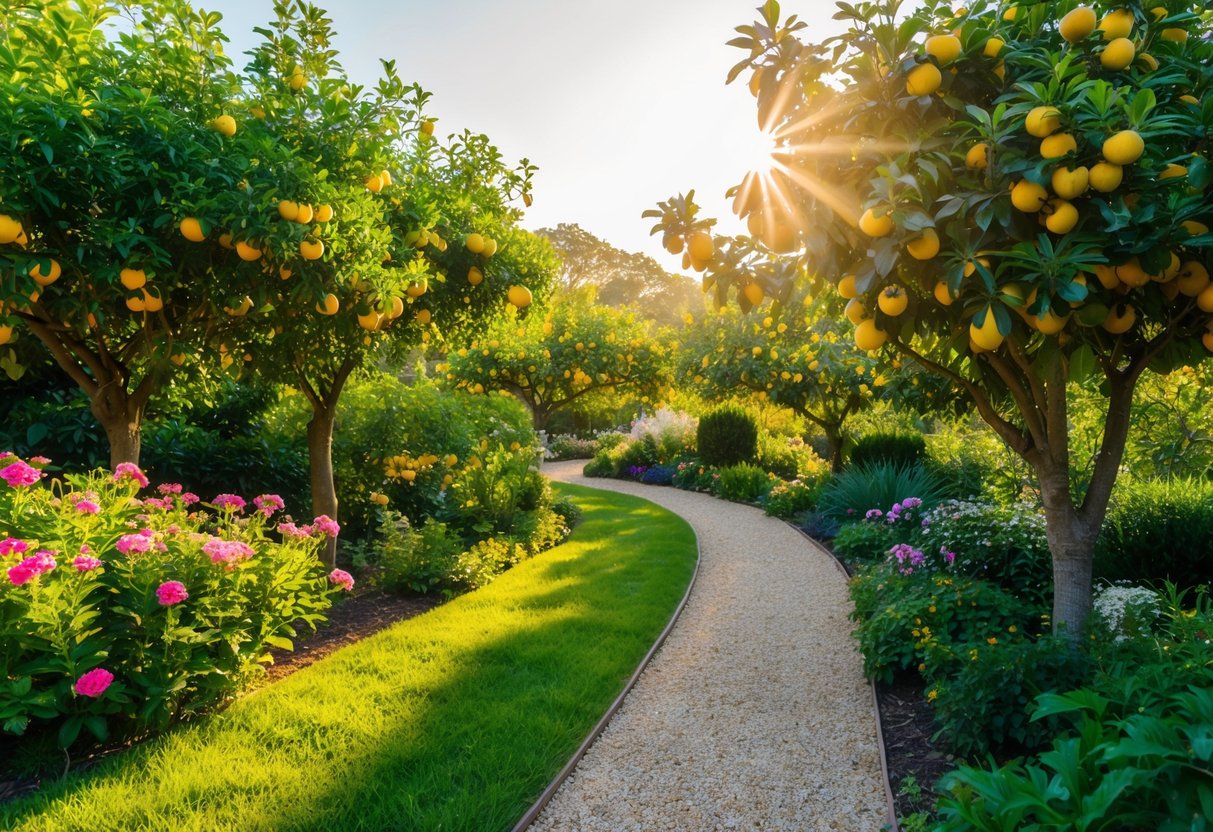 A lush garden with blooming flowers and fruit-laden trees, bathed in golden sunlight. A clear, winding path leads through the abundance