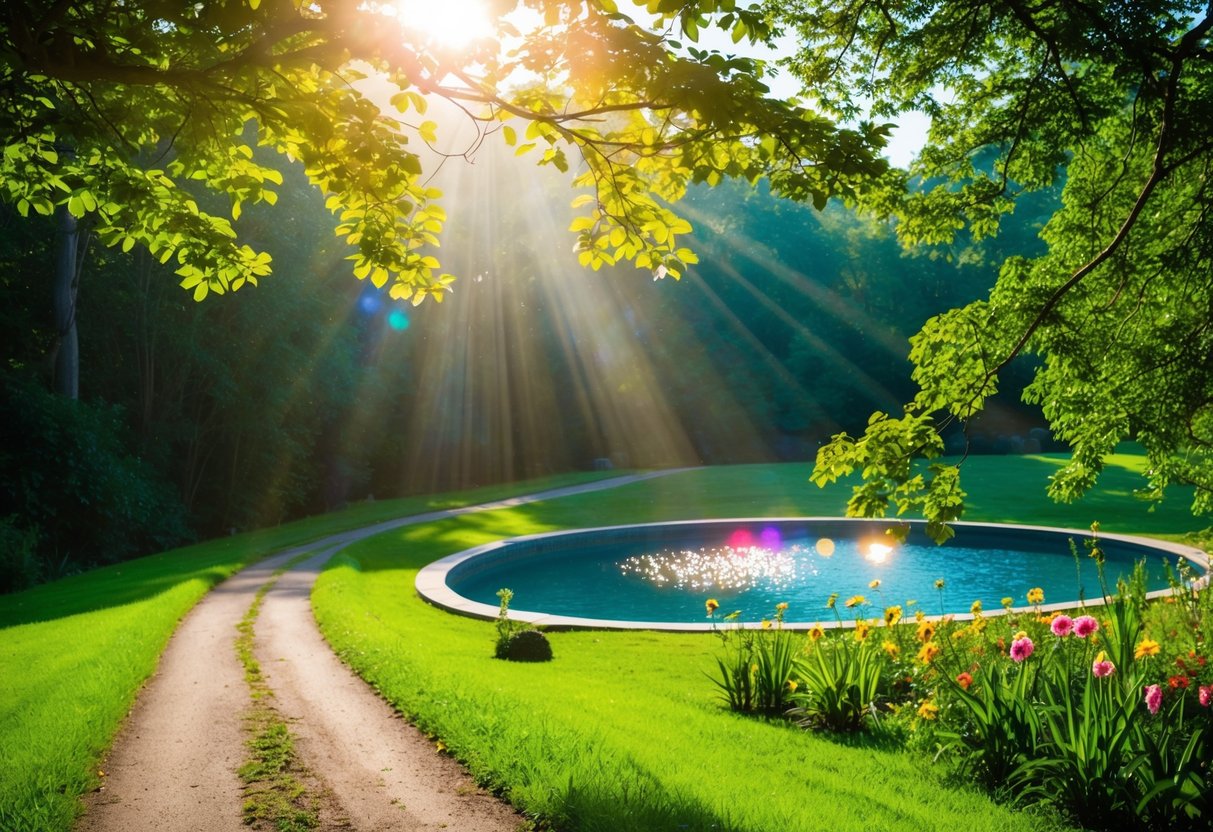 A winding path through a lush forest, sunlight breaking through the leaves, leading to a clearing with a shimmering pool and a vibrant array of flowers