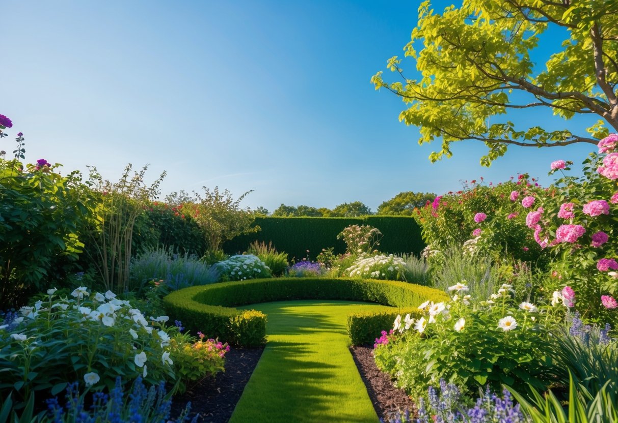 A serene garden with a clear blue sky, surrounded by blooming flowers and vibrant greenery, creating a peaceful and harmonious atmosphere for manifesting desires