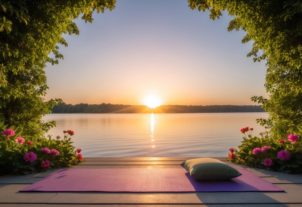 A serene sunrise over a calm body of water, surrounded by lush greenery and vibrant flowers, with a yoga mat and meditation cushion placed in the foreground