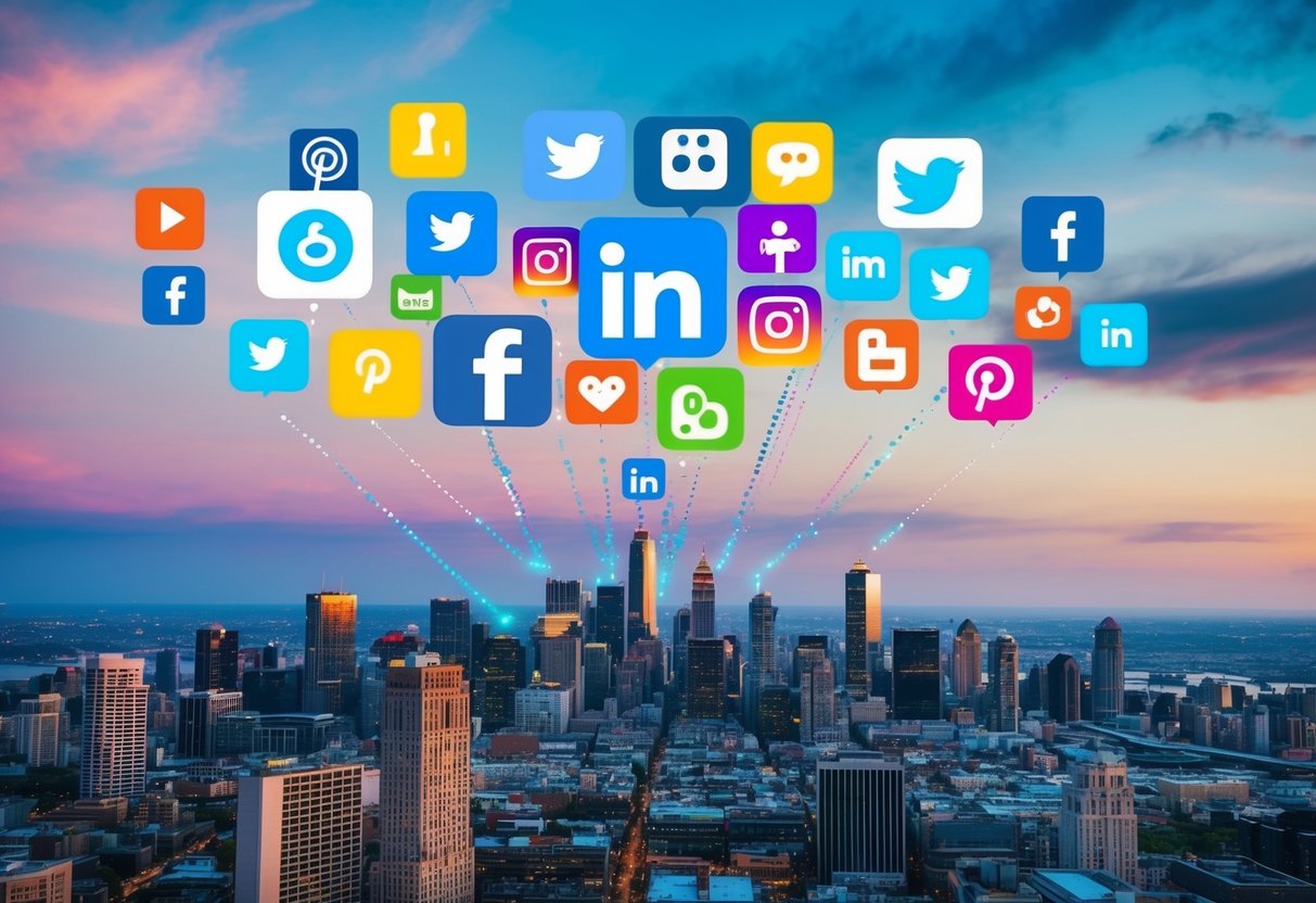 A vibrant city skyline with social media icons floating above, connecting to diverse communities in a colorful display of digital interaction