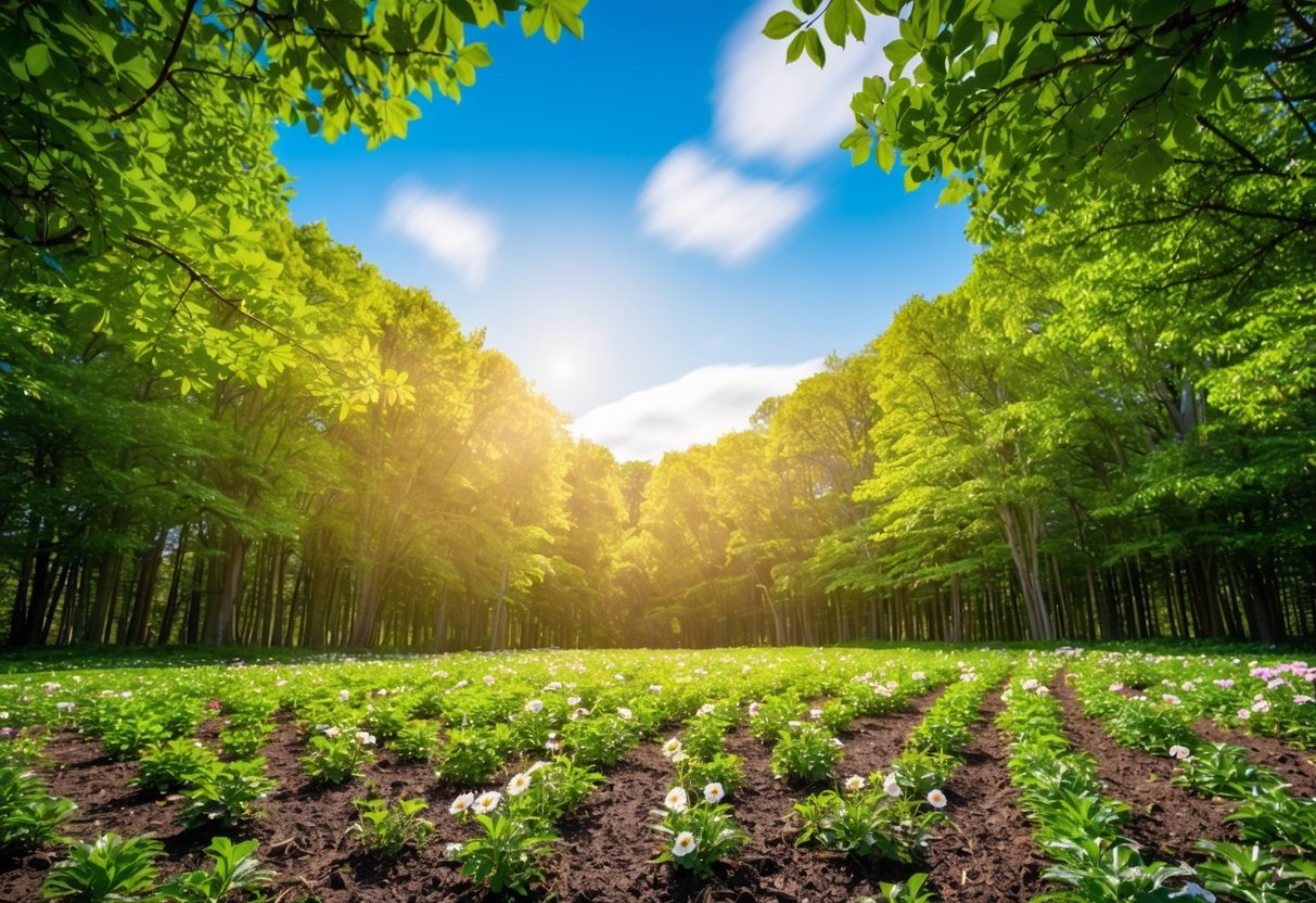 A lush green forest with blooming flowers and fertile soil, under a clear blue sky