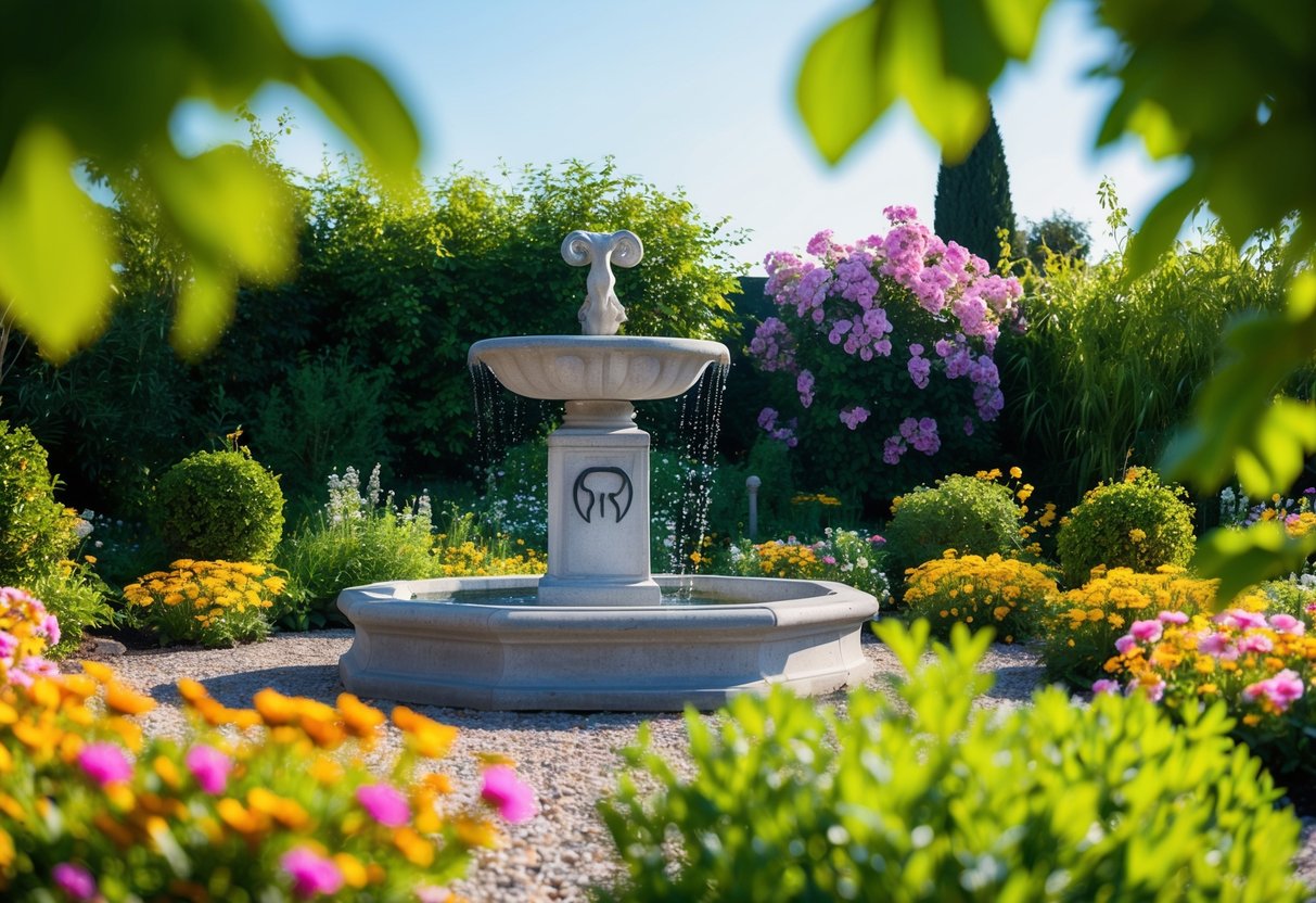 A lush garden blooms under a clear sky. Taurus symbol adorns a stone fountain, surrounded by abundant greenery and blooming flowers